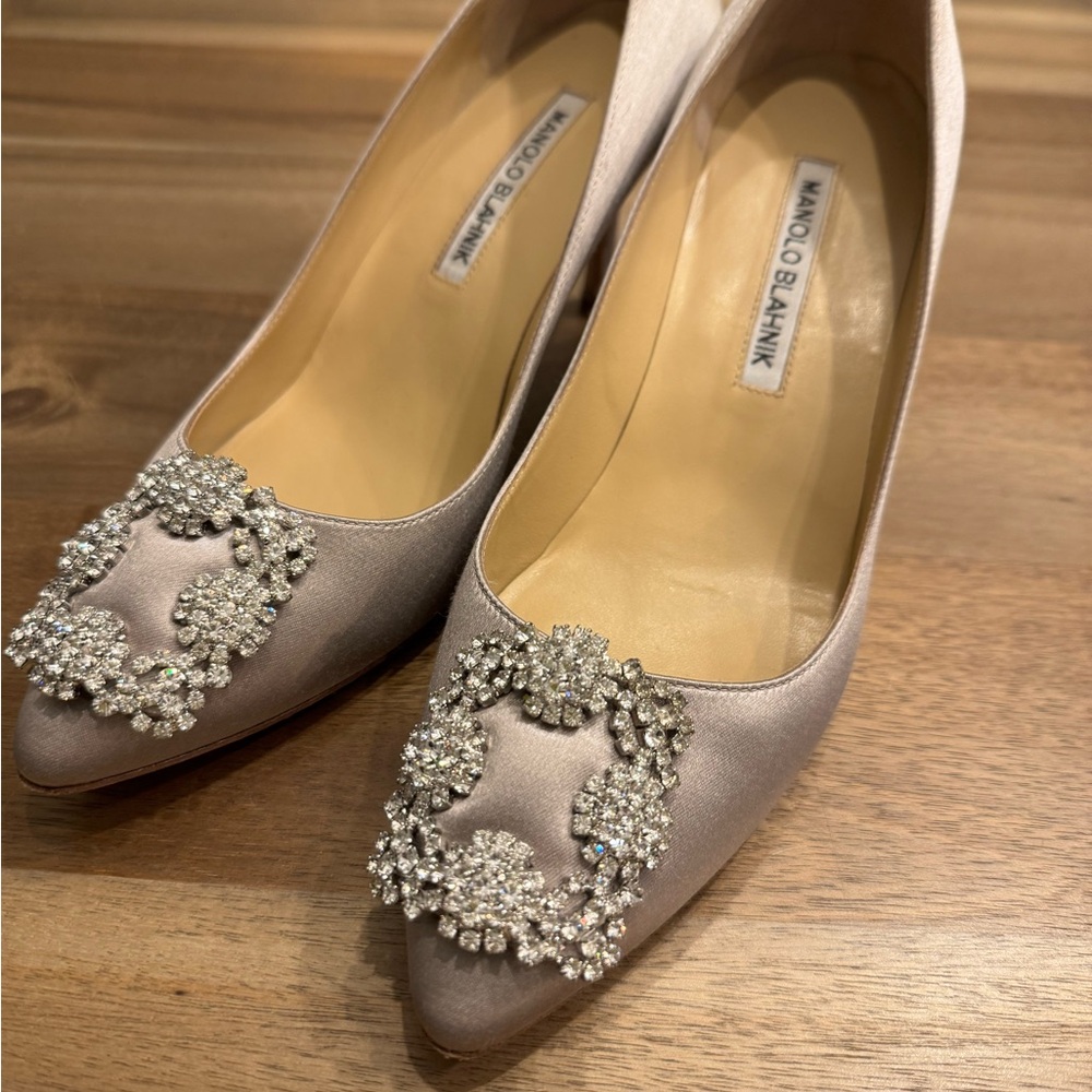 Manolo Blahnik Gray Satin Heels with Embellishments